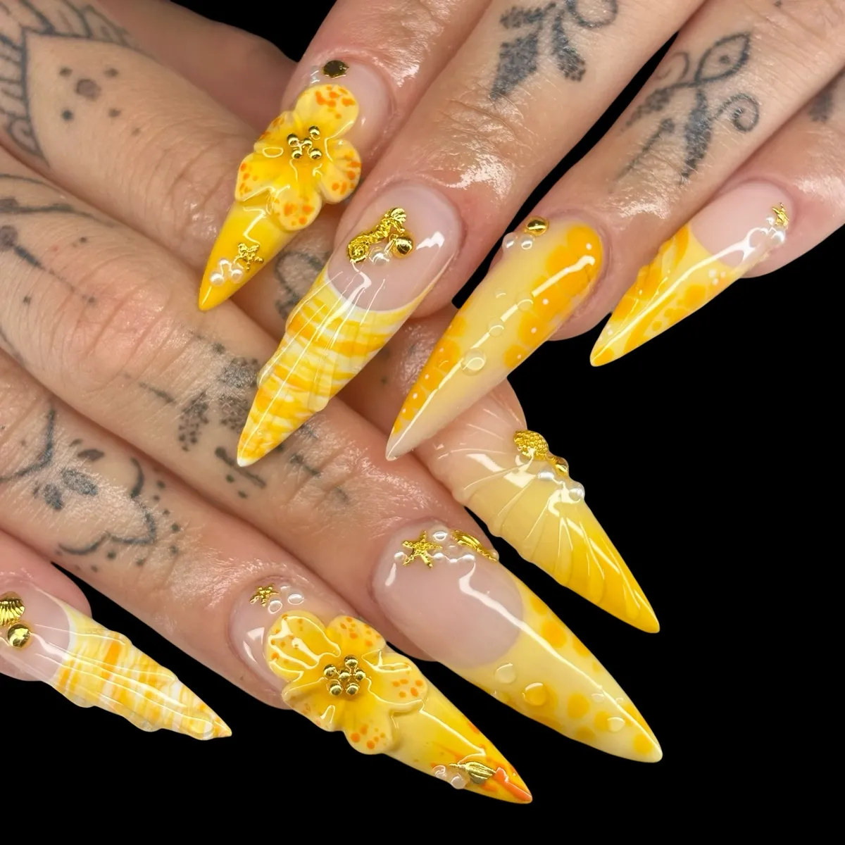 Extra-long yellow ombre with plaid, droplets, 3D flowers, and gold charms