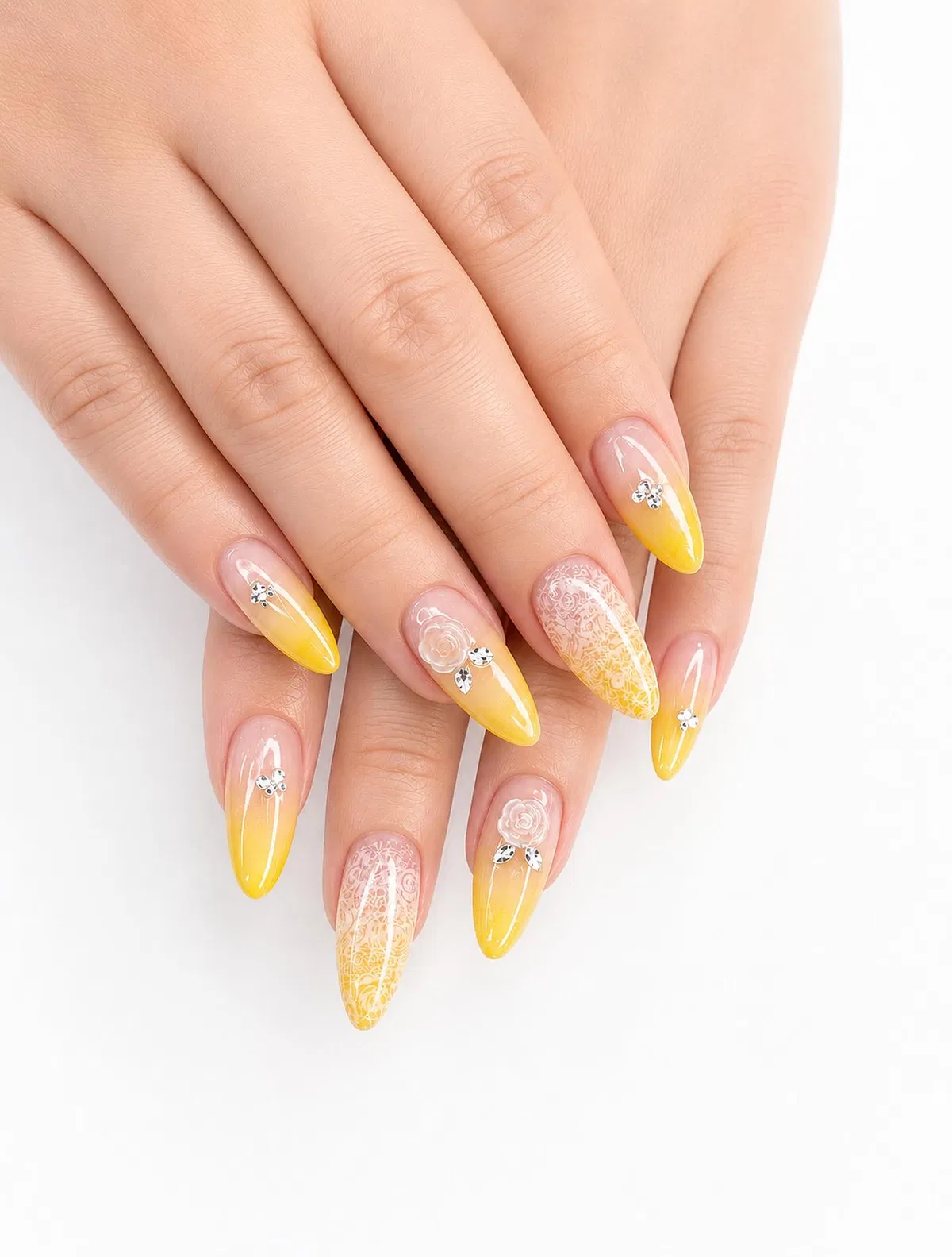 Yellow ombre with lace overlay, bows, and raised rose accent
