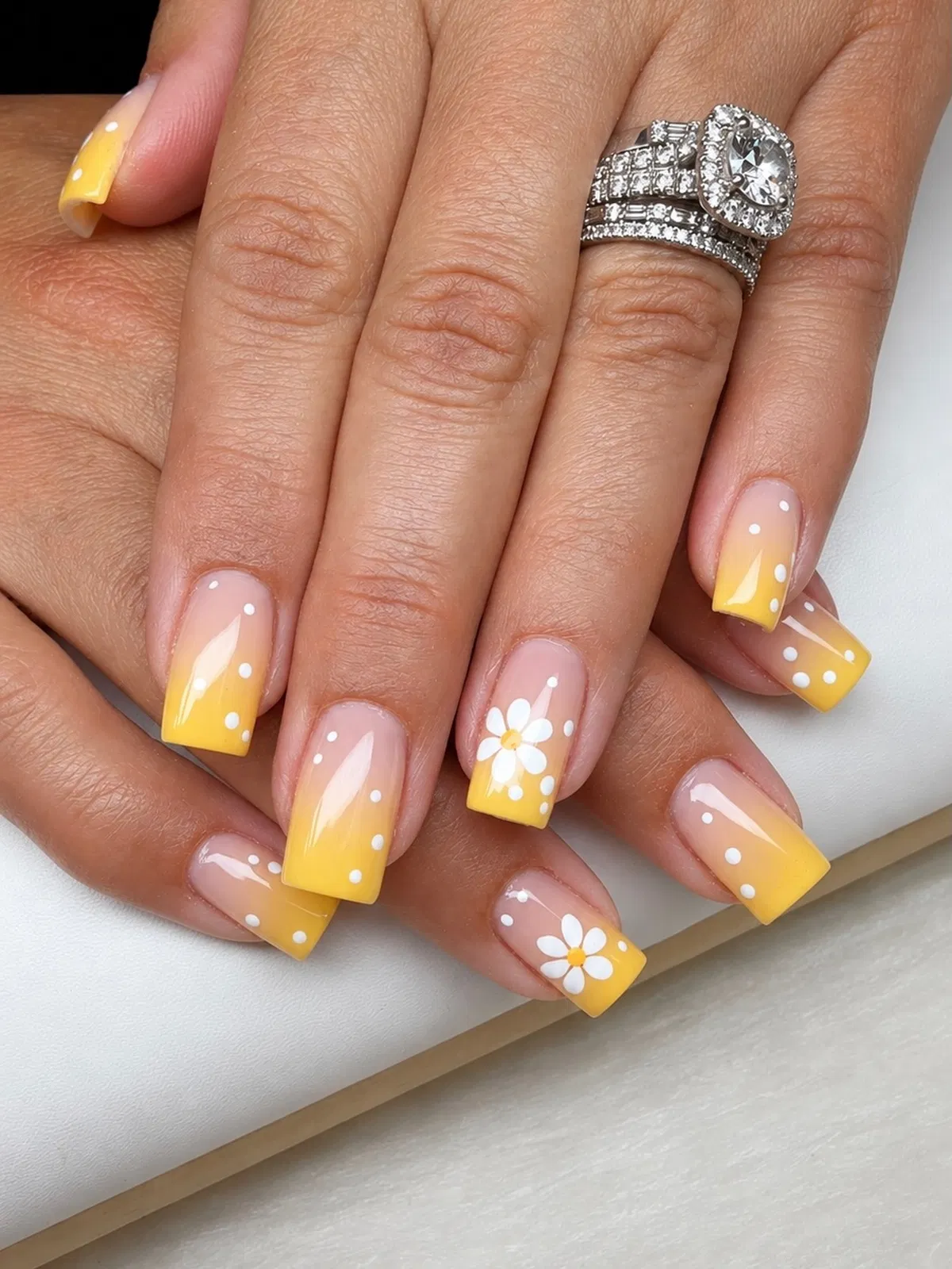 Square yellow ombre with white polka dots and daisies
