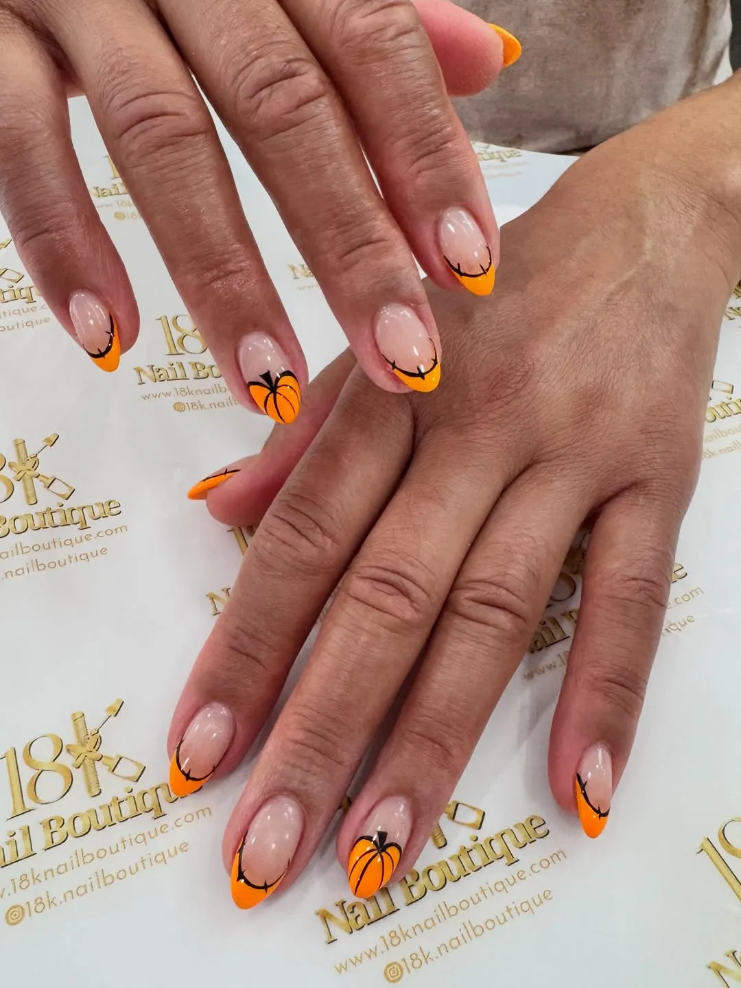 Bright Orange French Tips with Pumpkin Accent Art