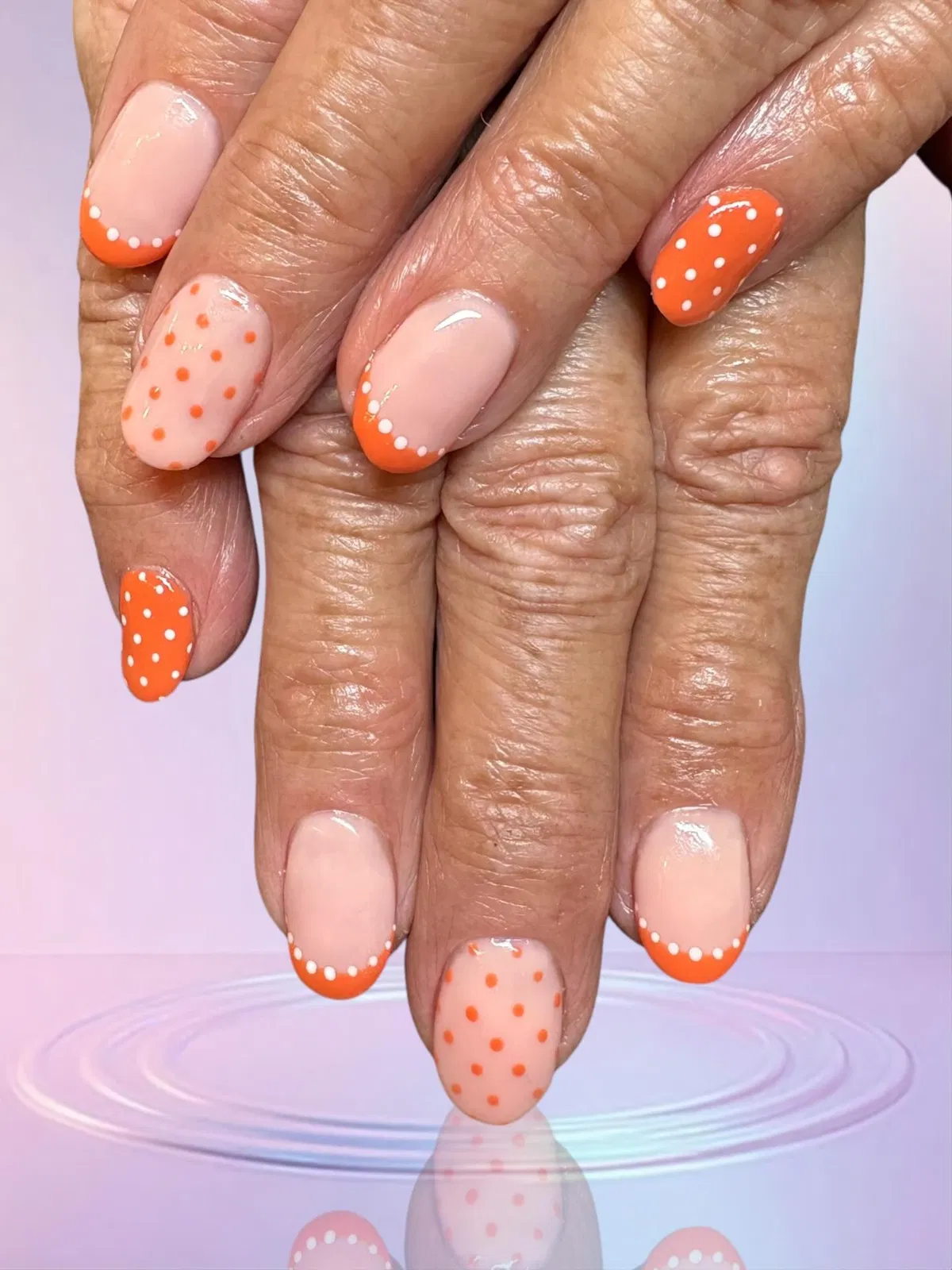 Orange French Tips with White Dot Borders and Polka Dots