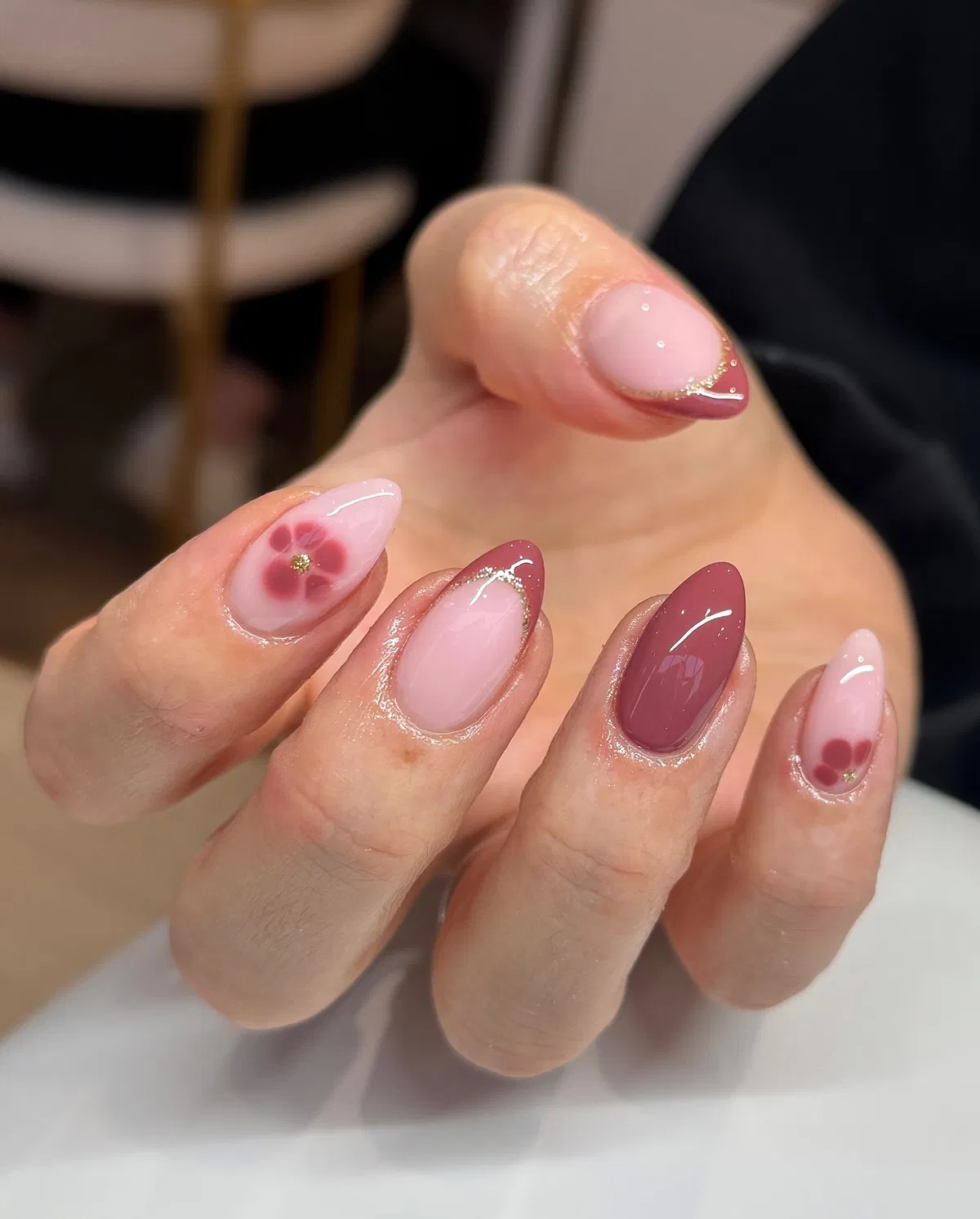 Mauve French Tips with Thin Gold Outline and Floral Accents