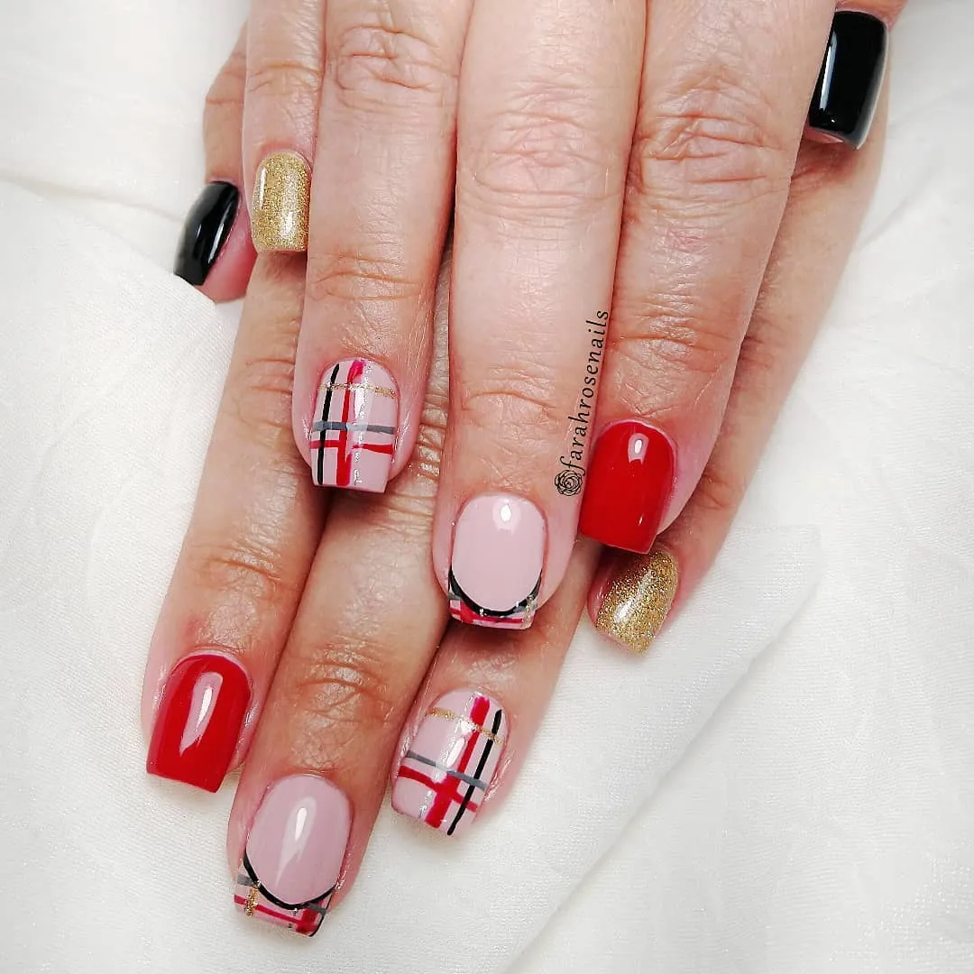Plaid French Tip Accents with Red, Black, and Gold Mix