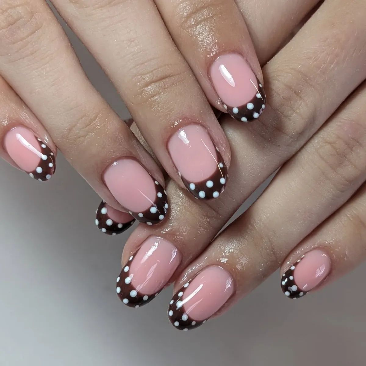 Brown French Tips with White Polka Dots