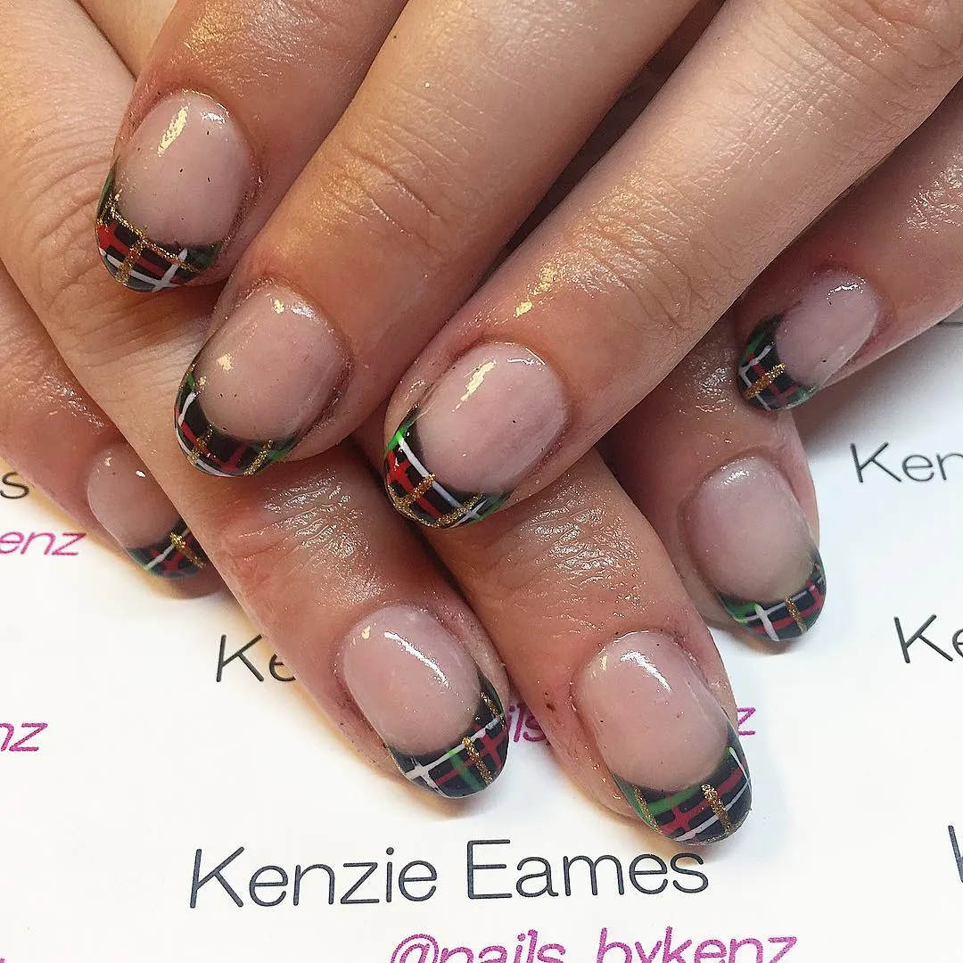 Green-and-Red Plaid French Tips with Thin Gold Striping