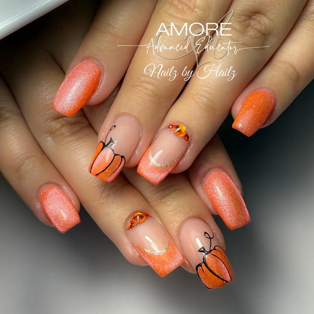 Shimmery Orange French Tips with Gold Curve and Pumpkin Art
