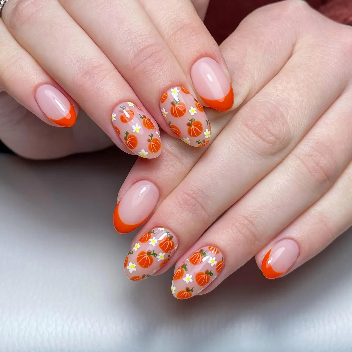 Orange French Tips with All-Over Pumpkin and Daisy Pattern