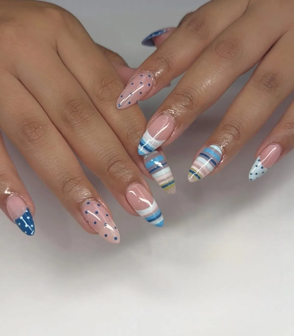Blue Layered French Tips with Polka Dot Accents