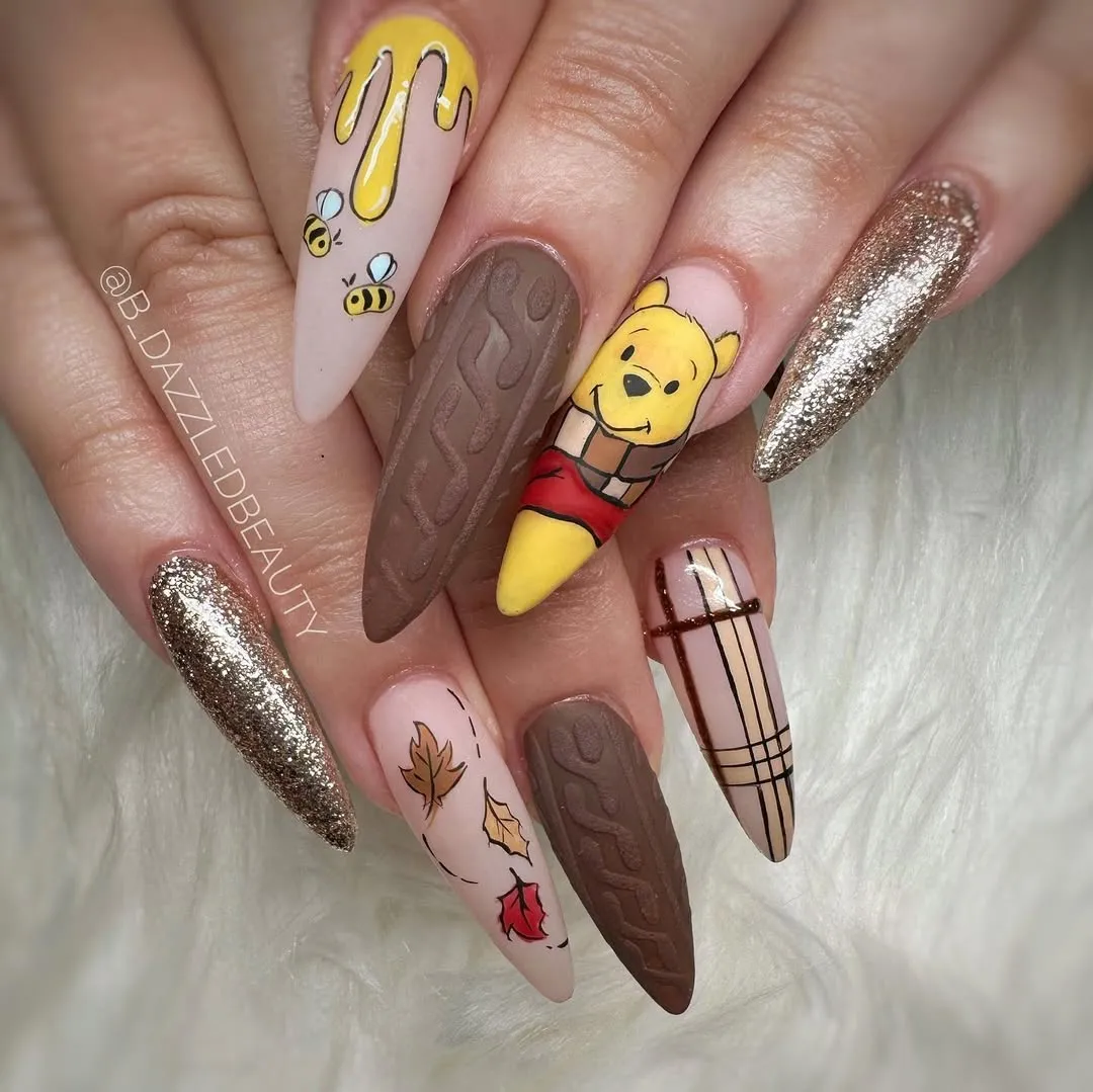 Character, bees, plaid, knit texture, and glitter mix
