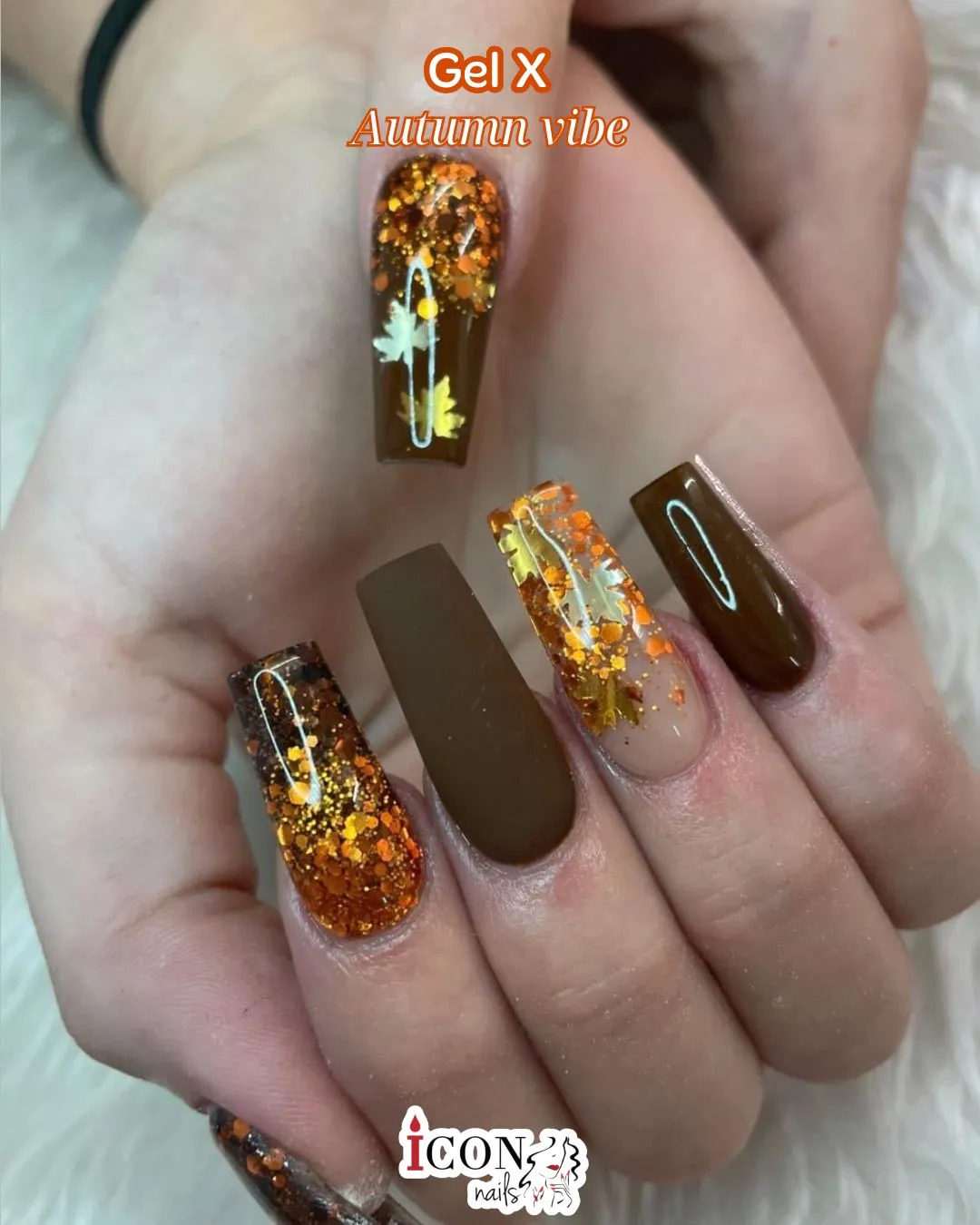 Brown matte with orange-gold confetti and leaf accents