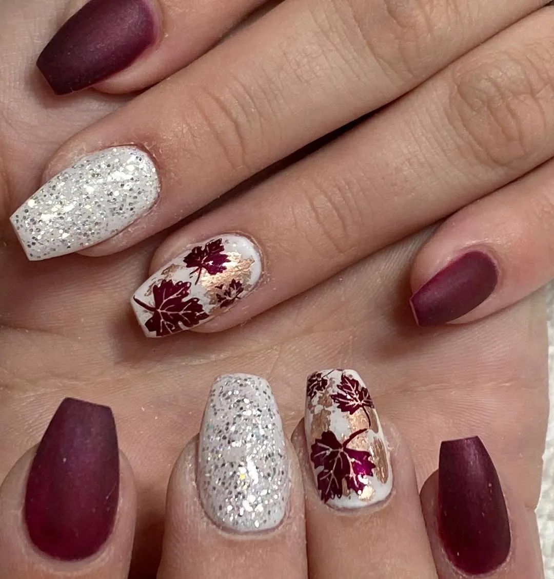 Matte burgundy with leaf prints and silver glitter
