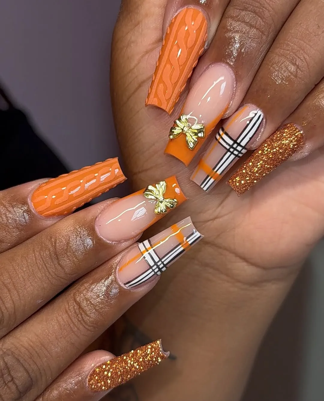 Orange texture, plaid, bows, and glitter