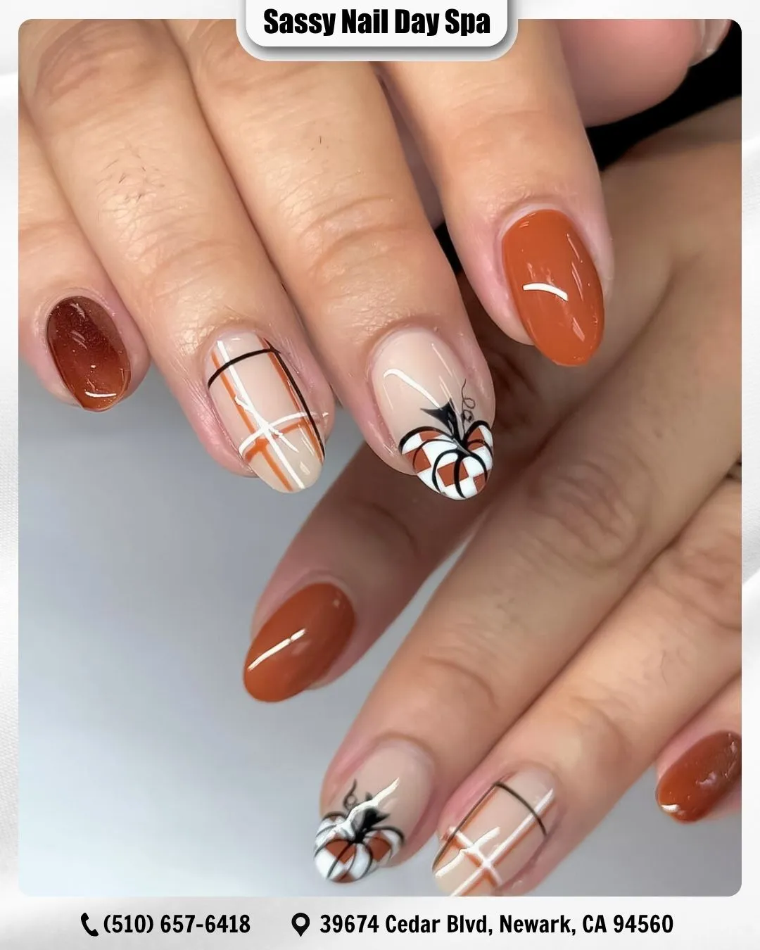 Warm brown solids with plaid and white pumpkin accents