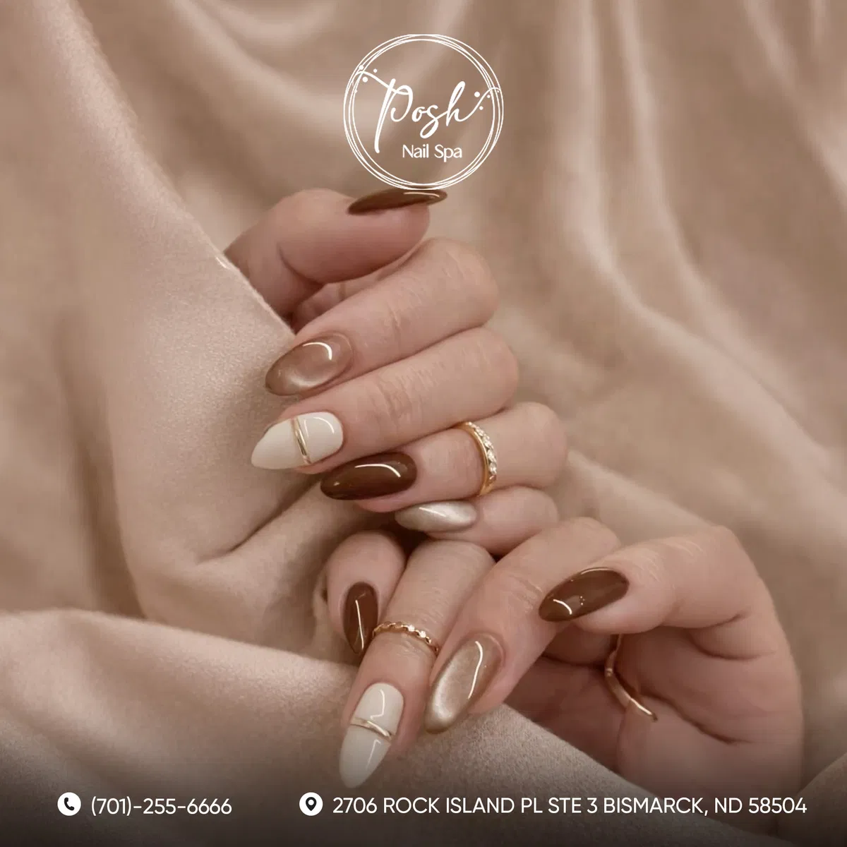 Neutral brown-and-cream set with a champagne metallic accent
