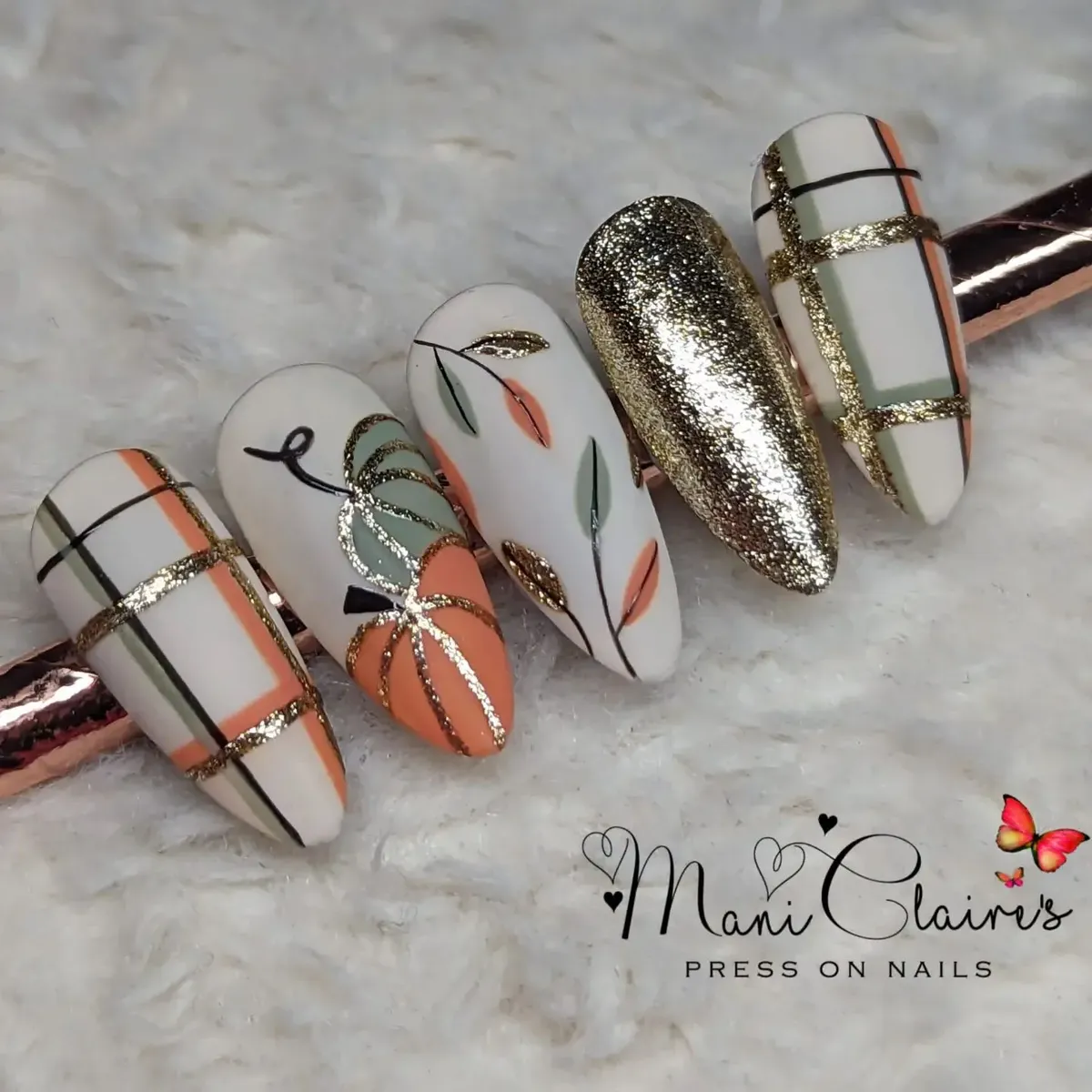 Plaid and pumpkin set with gold glitter nail