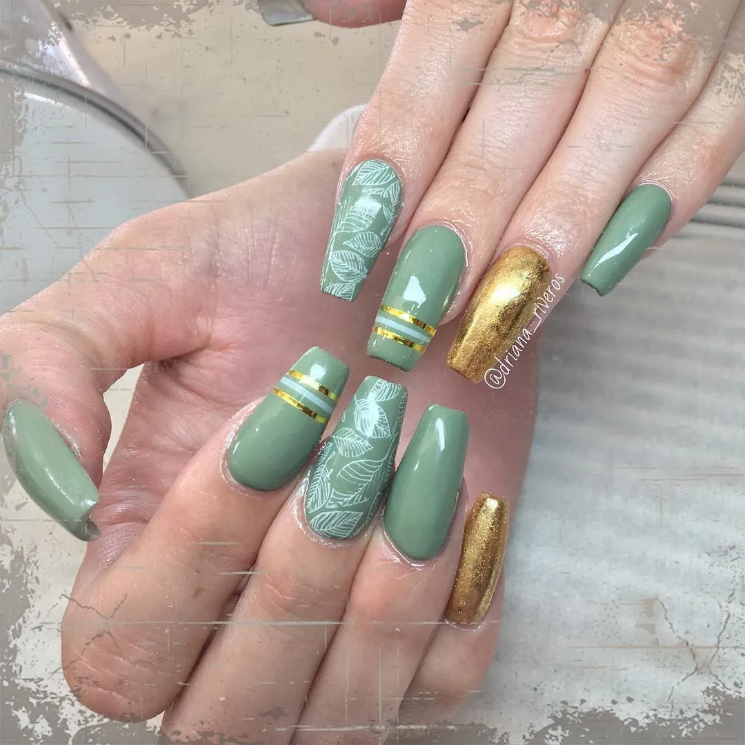 Sage green with white leaf outlines and gold striping