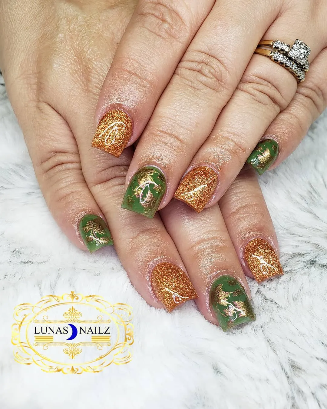 Glitter orange paired with green and gold-foil accents