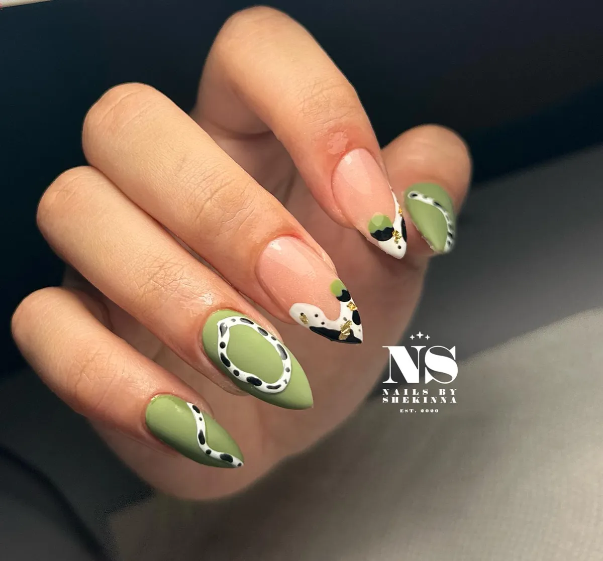 Olive and nude with graphic ovals, dots, and gold flecks
