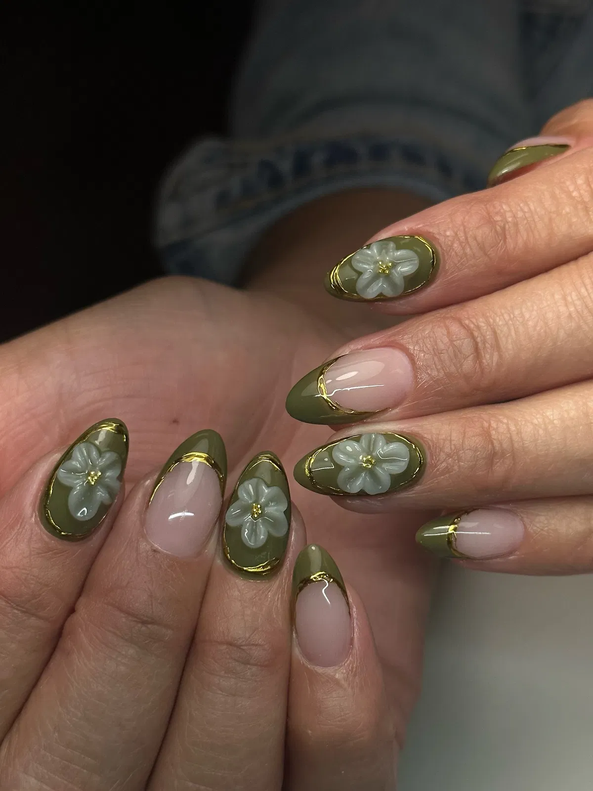 Olive and nude with gold outlines and raised white flowers