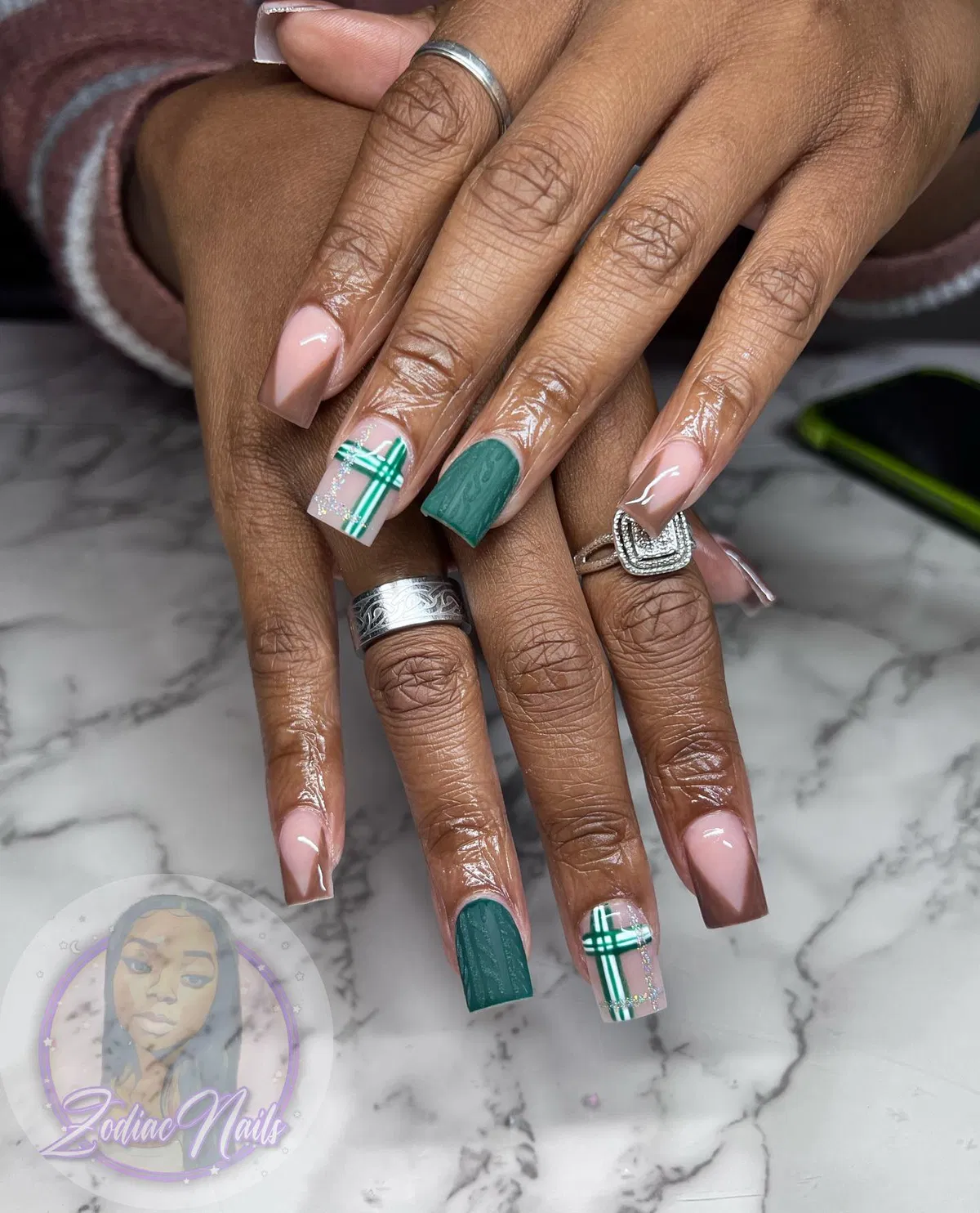 Nude-pink with green plaid and textured green accents