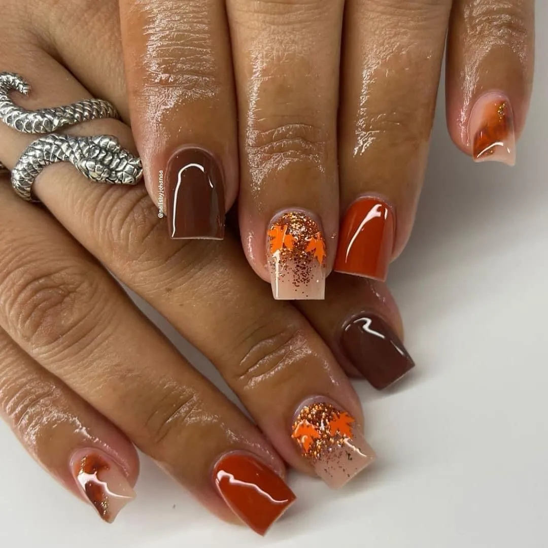Brown & Burnt Orange with Glitter Leaf Accents