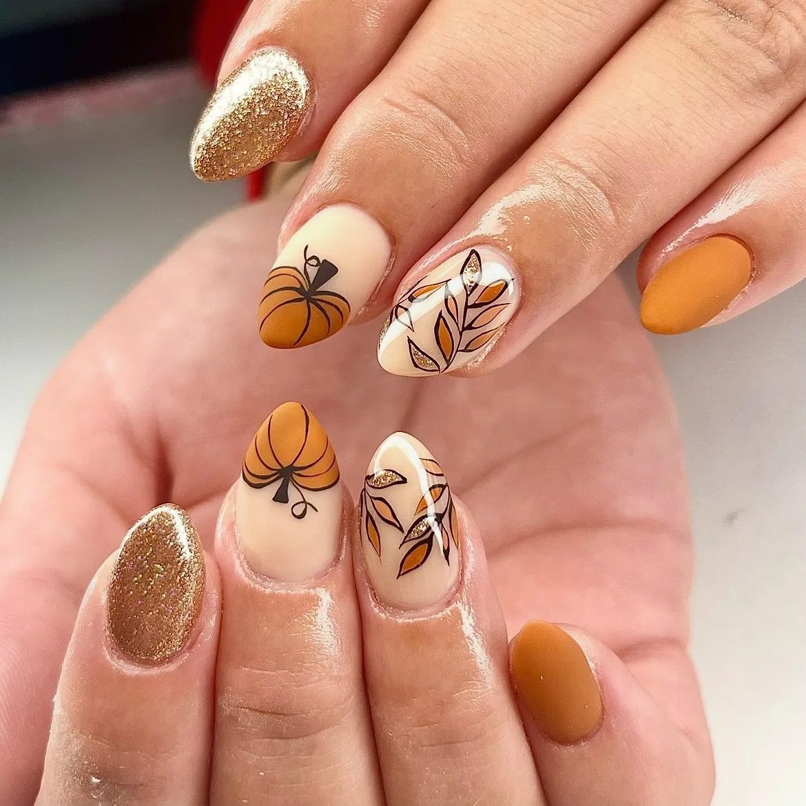 Pumpkins, Leaf Linework, and Gold Glitter Accents