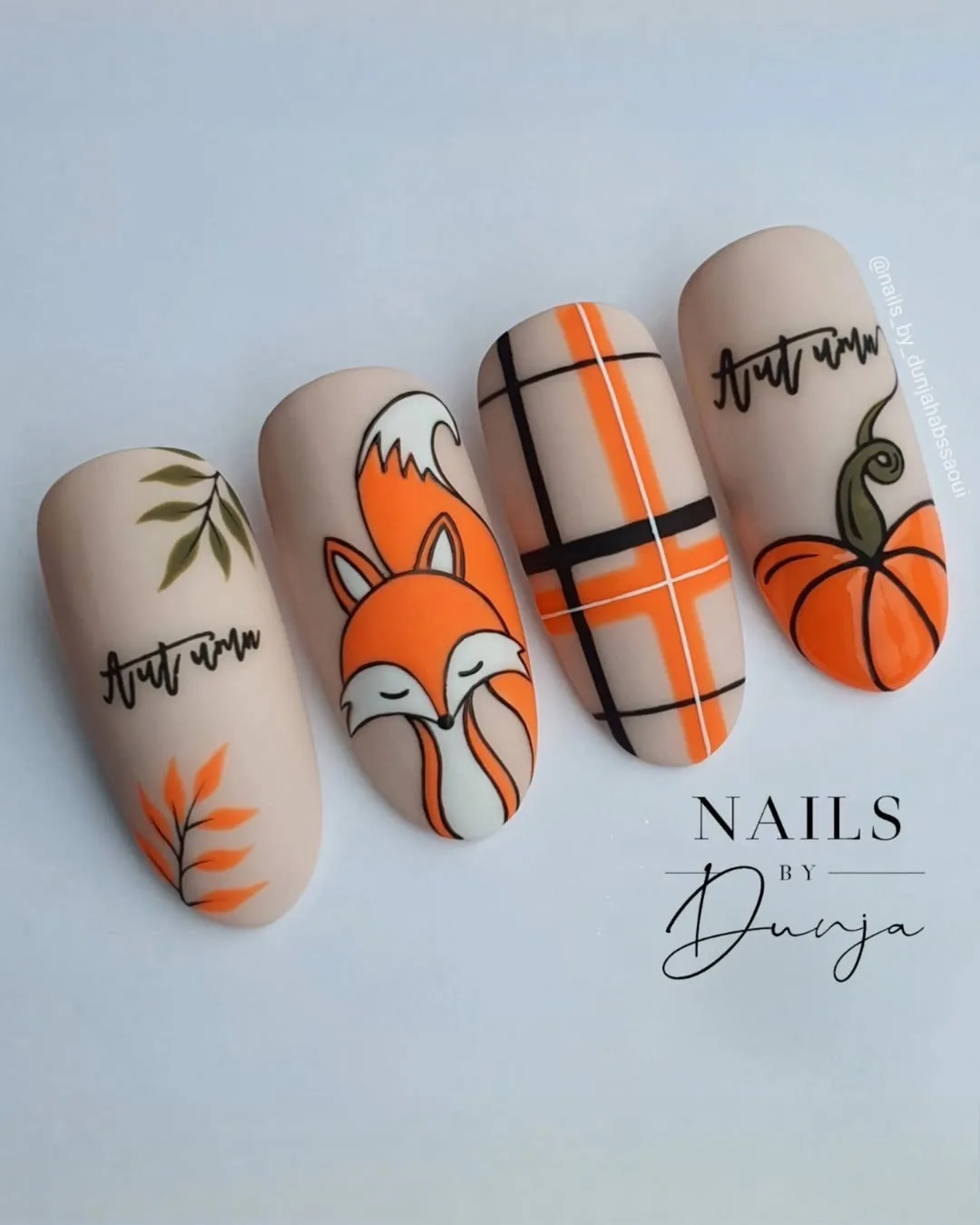Matte Beige Tips with Fox, Plaid, and โAutumnโ Script
