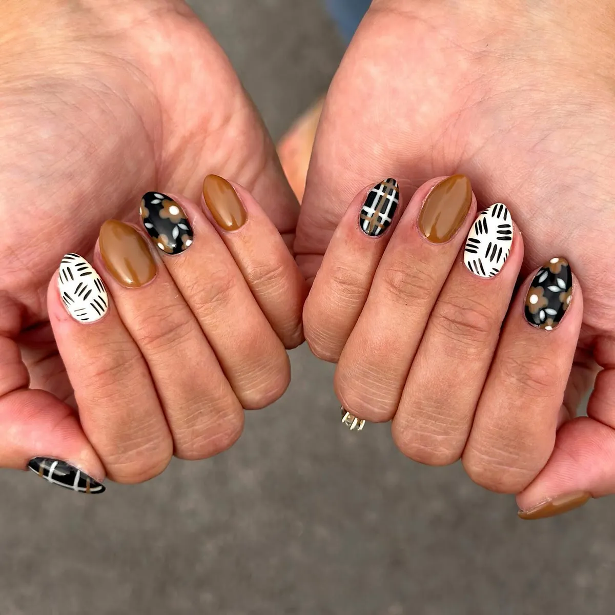 Mustard-Brown Mix with Graphic Black-and-White Accents