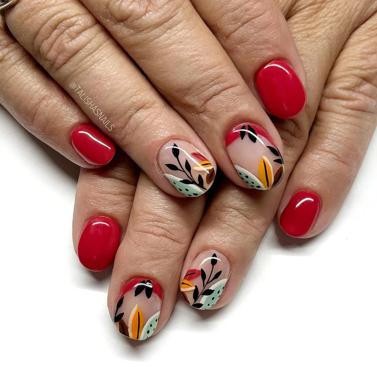 Bright Red with Botanical Accent Nails