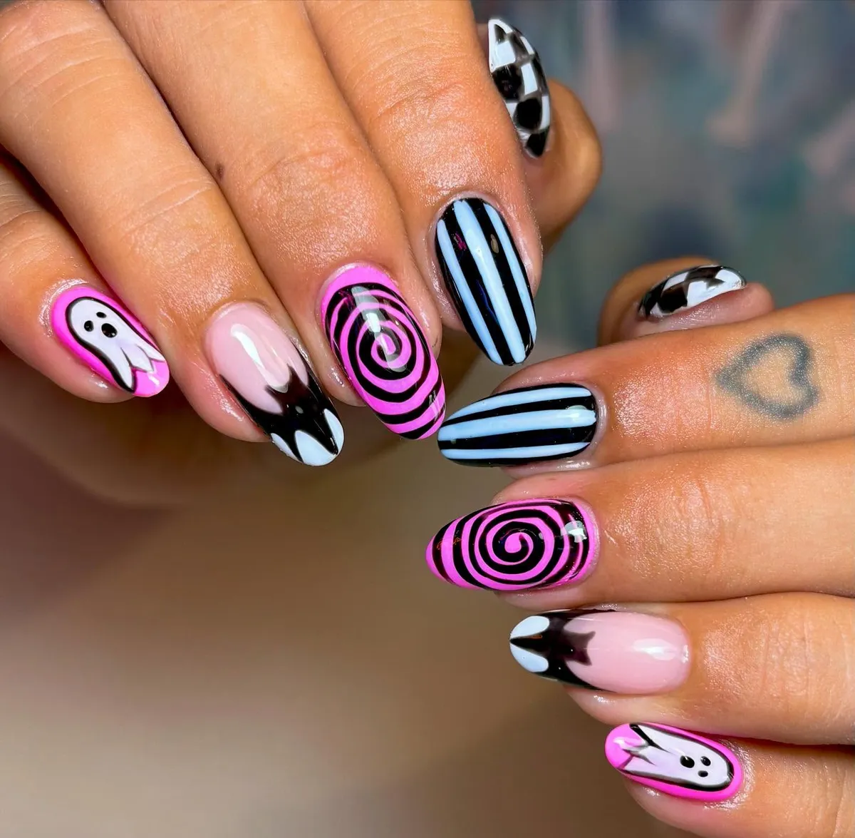 Hot Pink Spirals, Blue Stripes, and Ghost Accents with Black