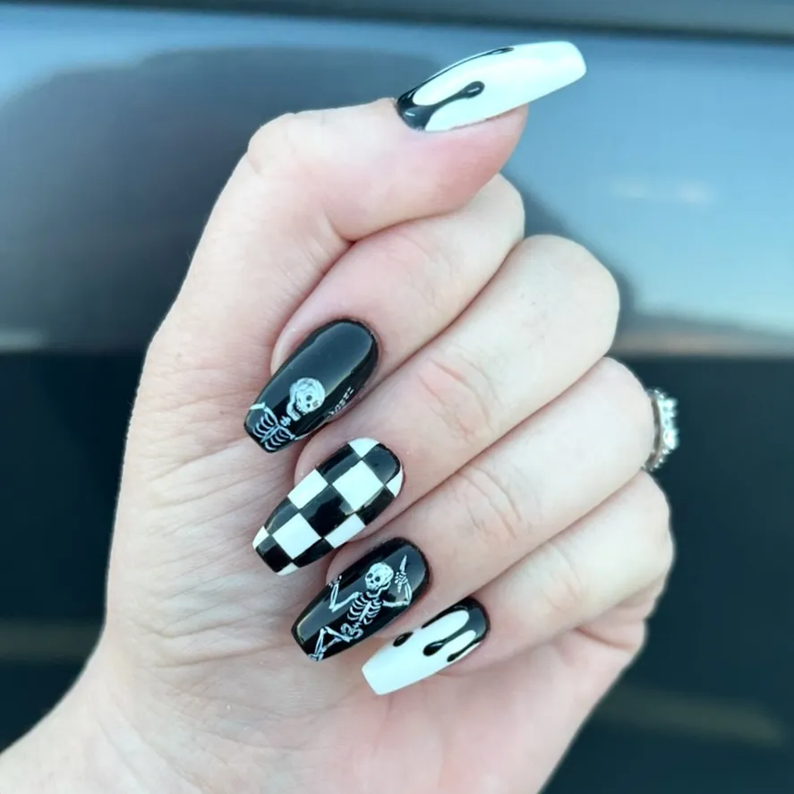 Coffin Nails with Skeletons, Checkerboard, and Black Drips