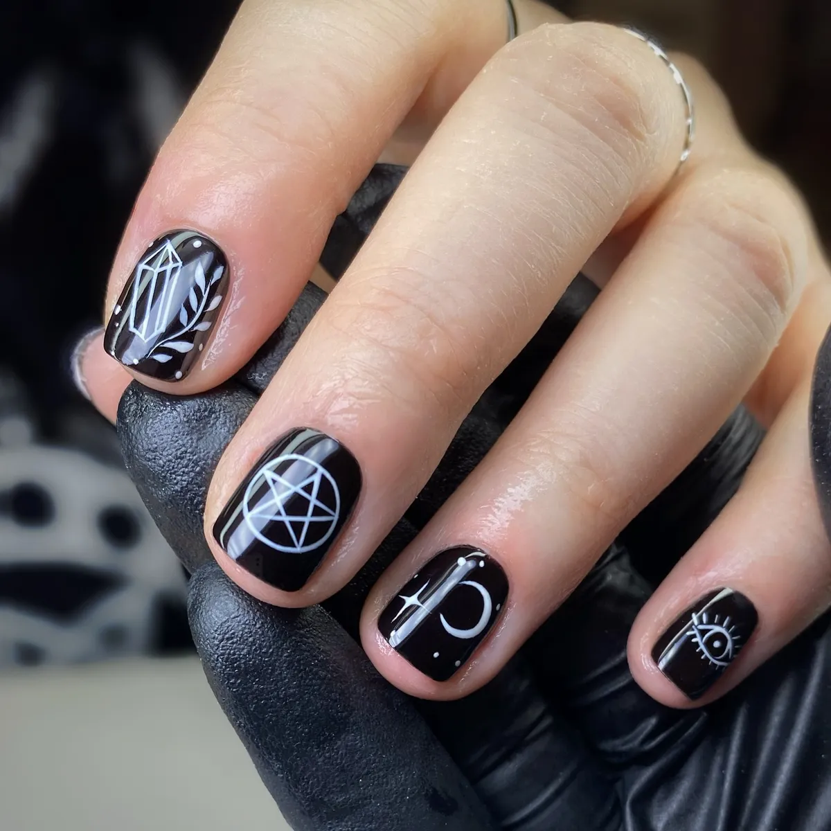Glossy Black with White Occult-Style Symbols