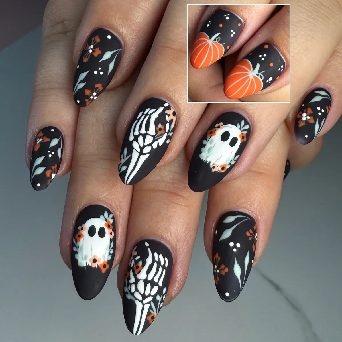 Matte Black Florals with Ghosts and Skeleton Hands