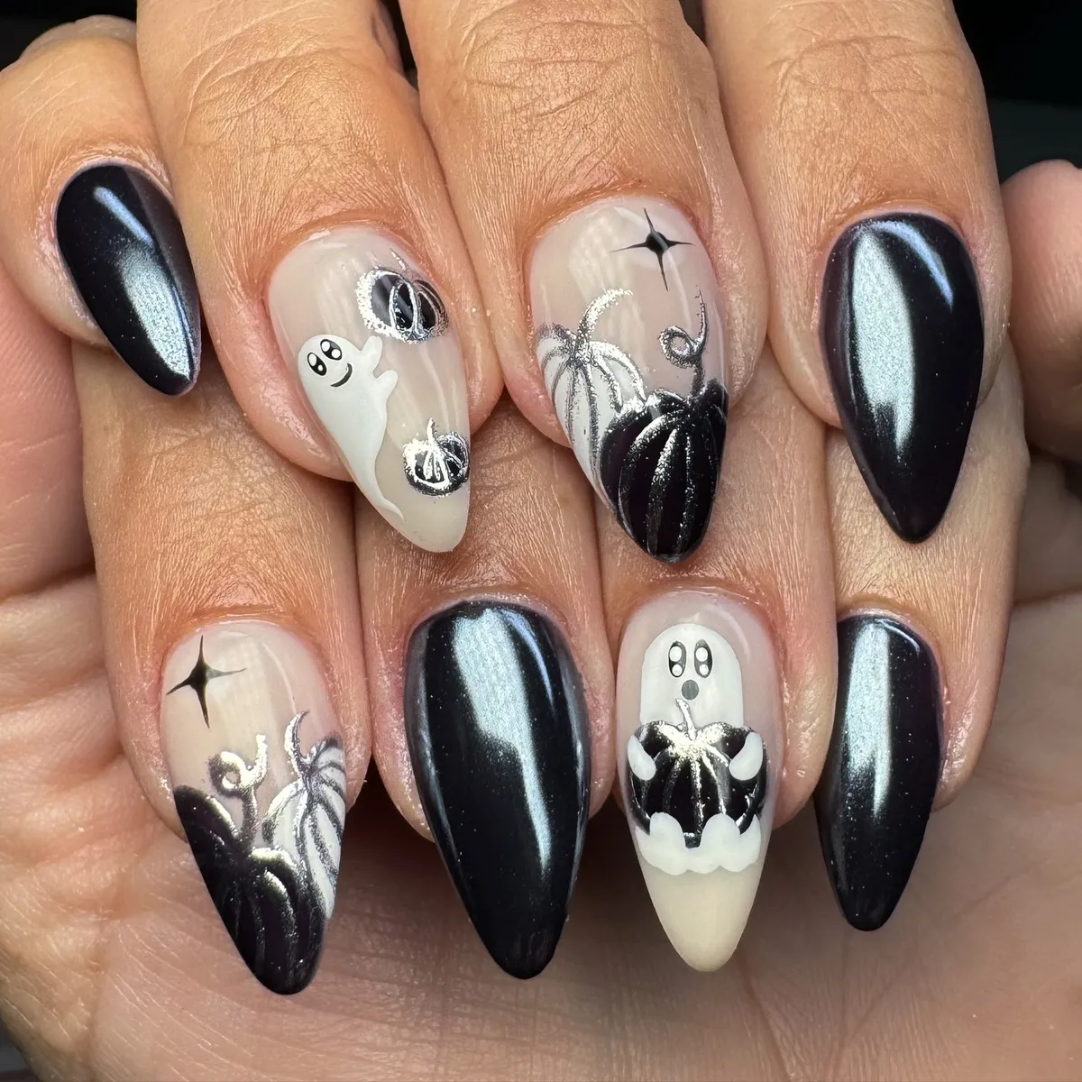 Glossy Black Stilettos with Ghost-and-Pumpkin Accents