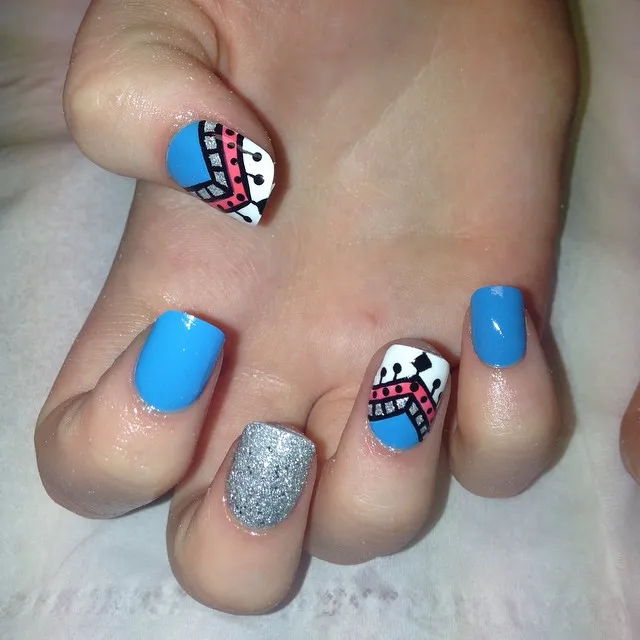 Sky blue with silver glitter and graphic color-block accents