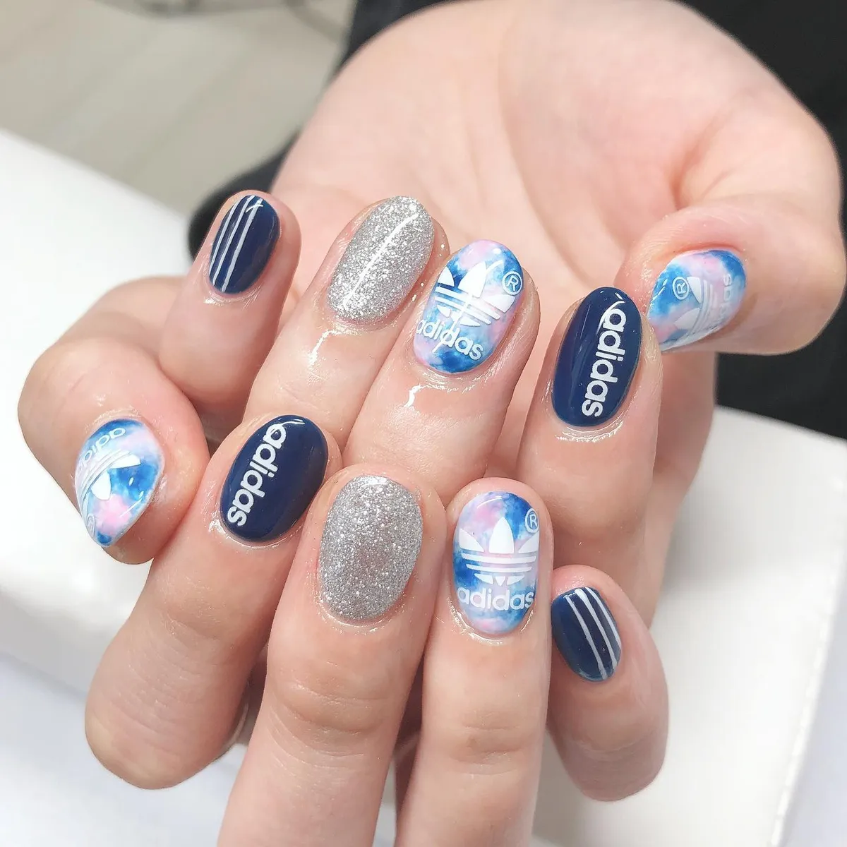Navy, Silver Glitter, and Visible 'adidas' Logo/Text Nails