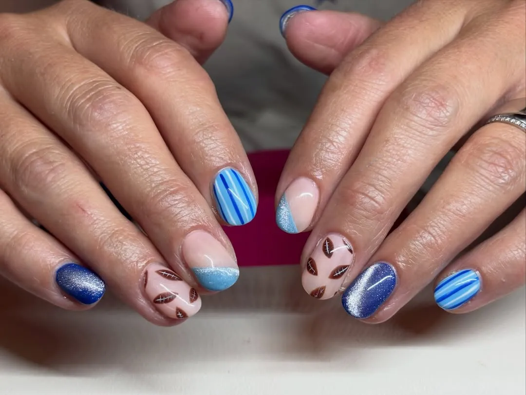 Blue shimmer and striped accents with football mini icons