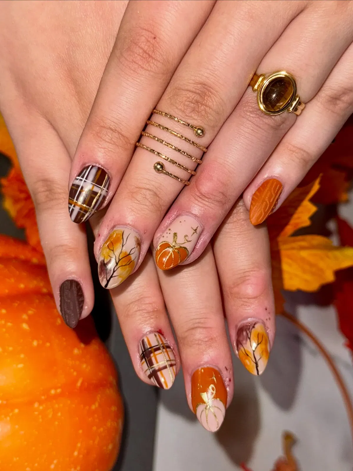 Plaid mix with pumpkin art and branch silhouettes