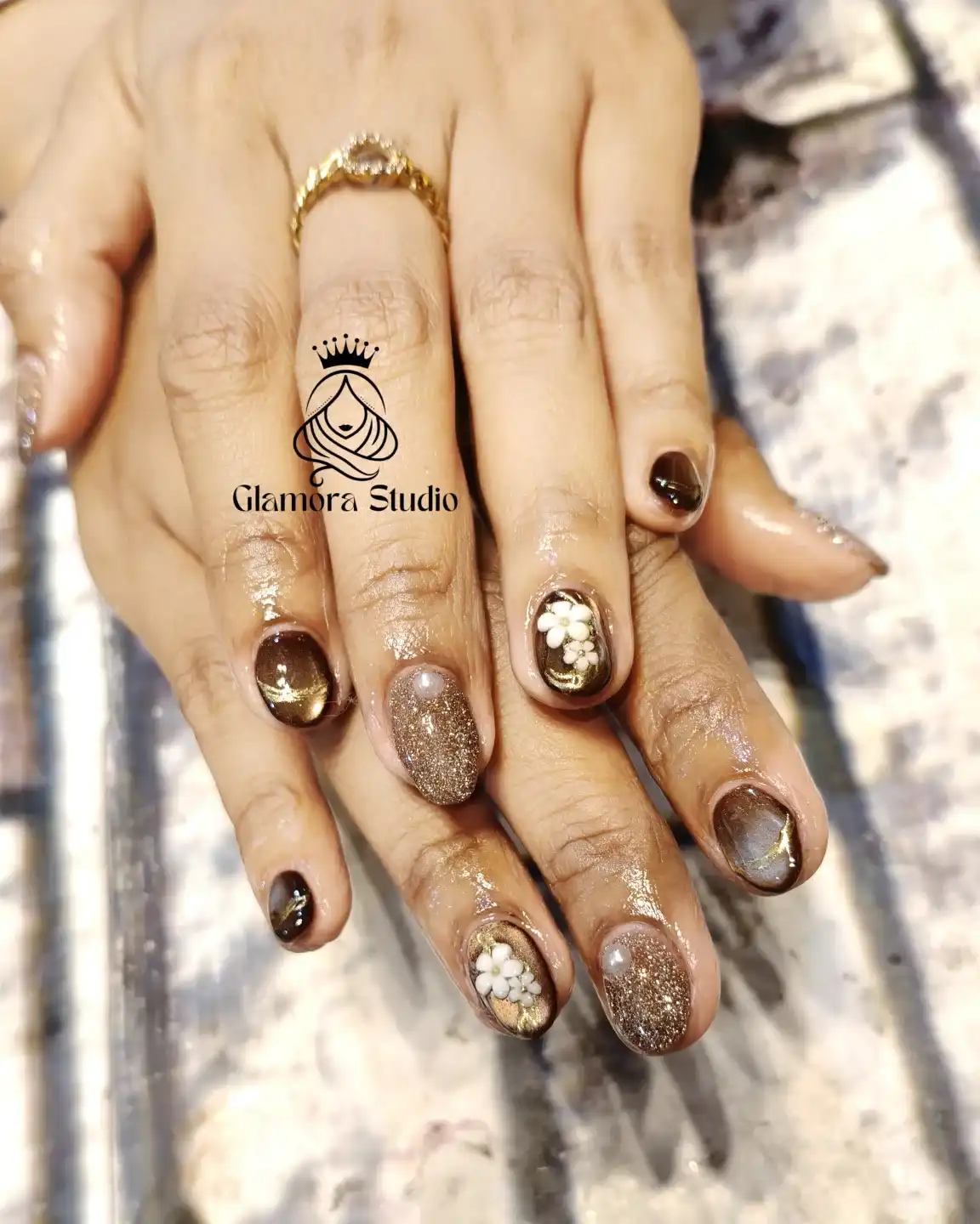 Dark brown metallic mix with glitter and raised white flowers