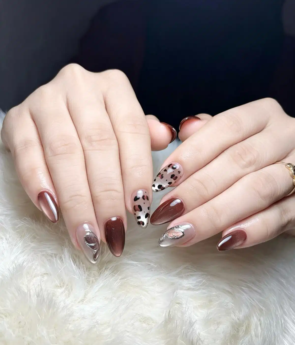 Brown reflective set with leopard print and silver outline accents