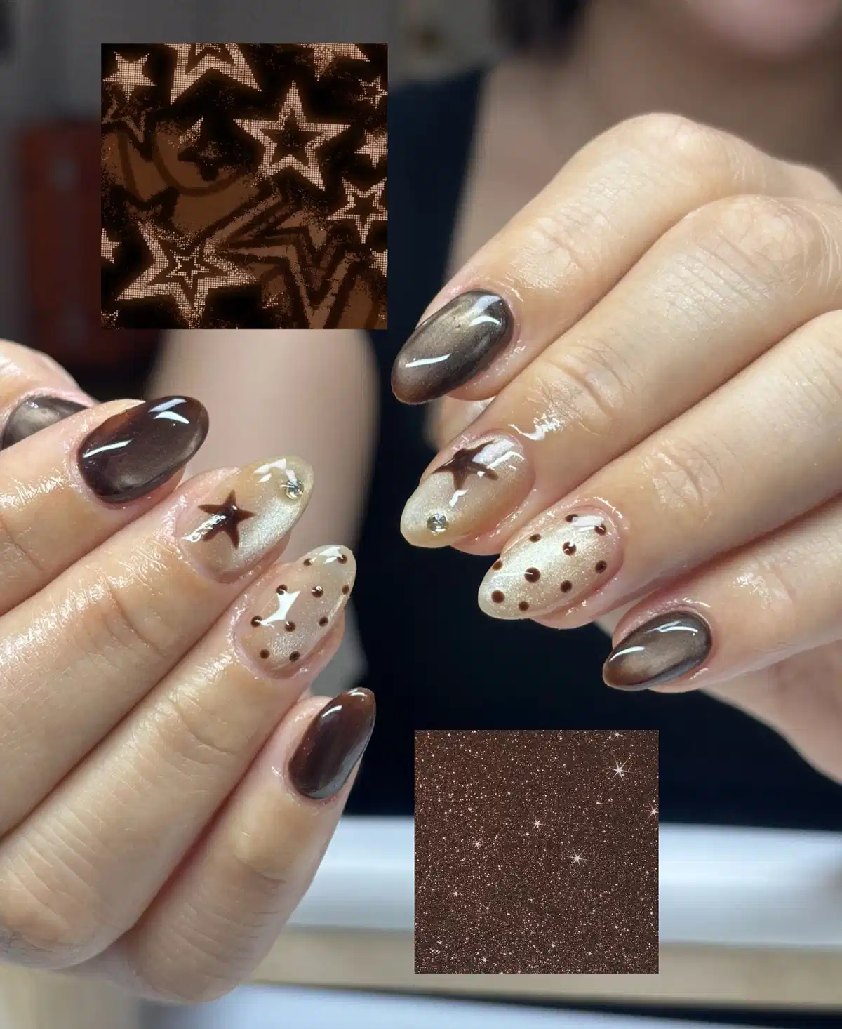 Brown reflective set with stars, dots, and rhinestone accents