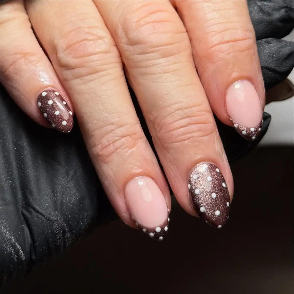 Pale pink and brown shimmer with white polka dots