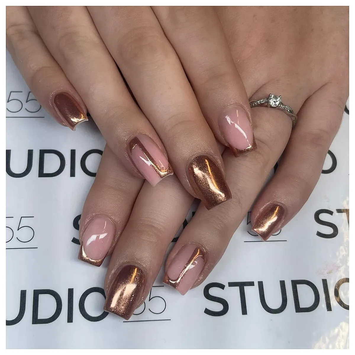 Nude-pink and copper-brown mix with metallic tips