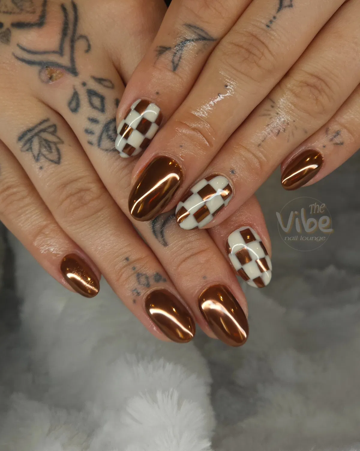 Copper mirror shine with white checker accents
