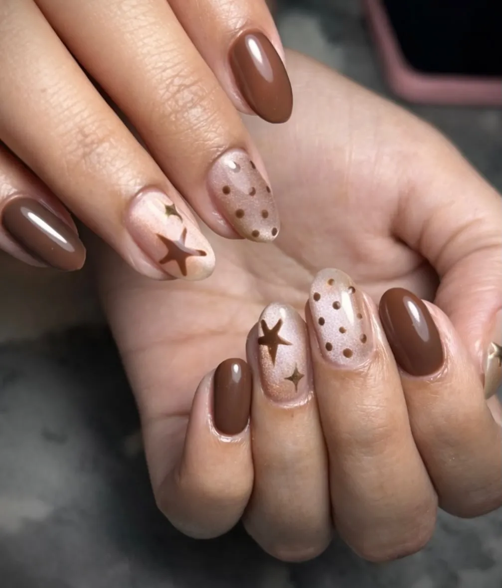 Brown solids with stars and polka-dot accents