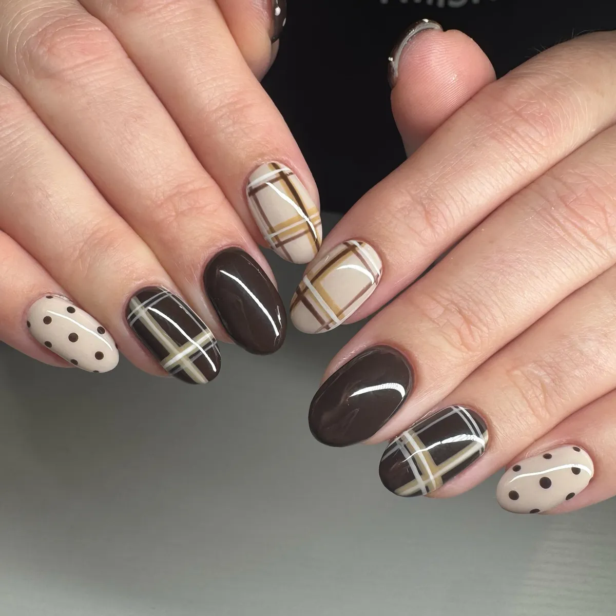 Dark brown solids with beige polka dots and plaid accents