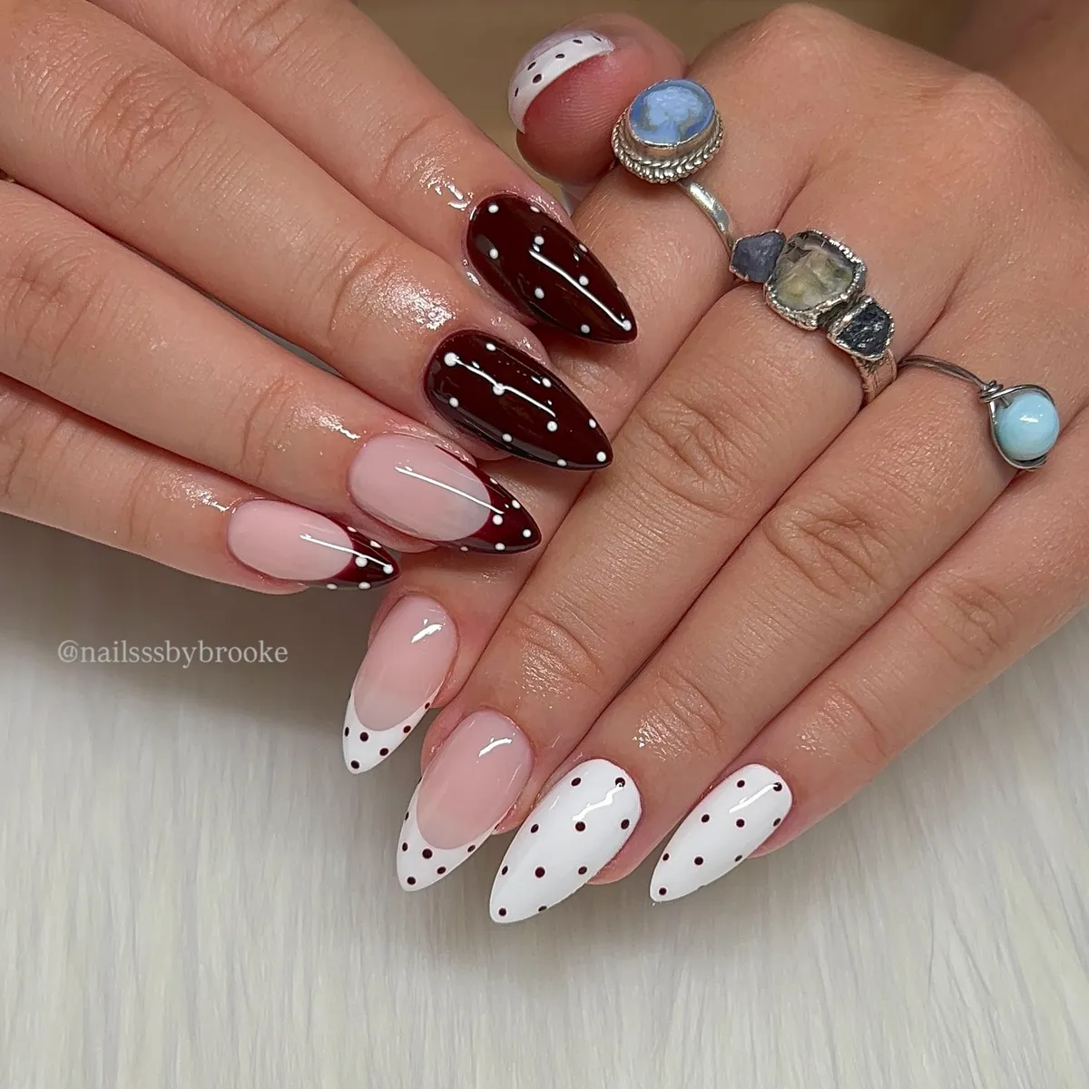 Brown-and-white dot mix with sheer pink accents