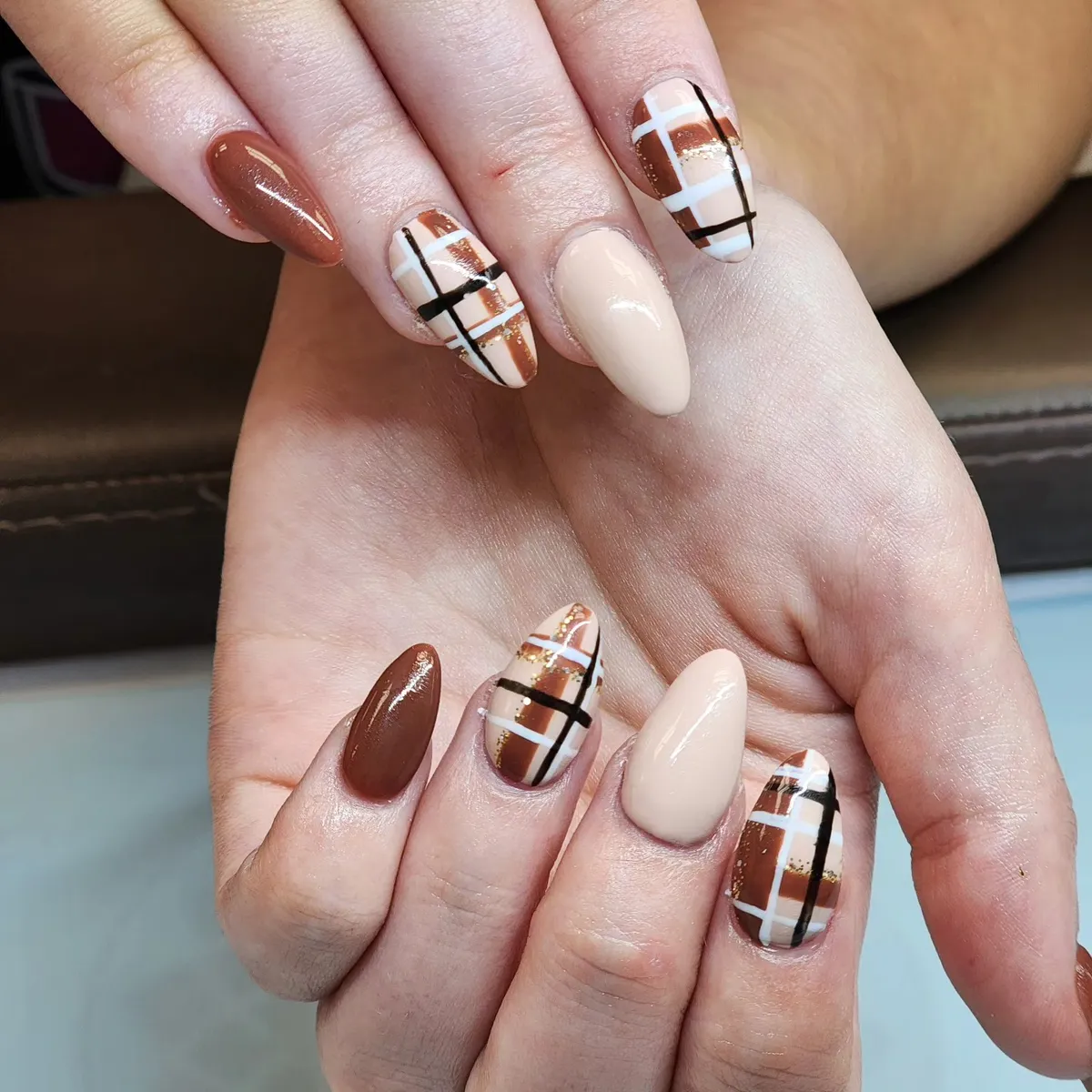Brown and nude plaid with crisp lines