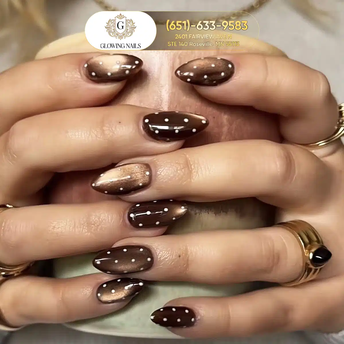 Dark brown polka dots with metallic-brown gradient accents