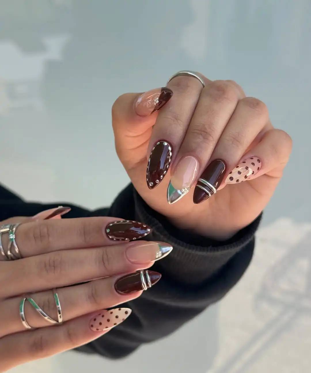 Deep brown and nude set with silver tips and stud details